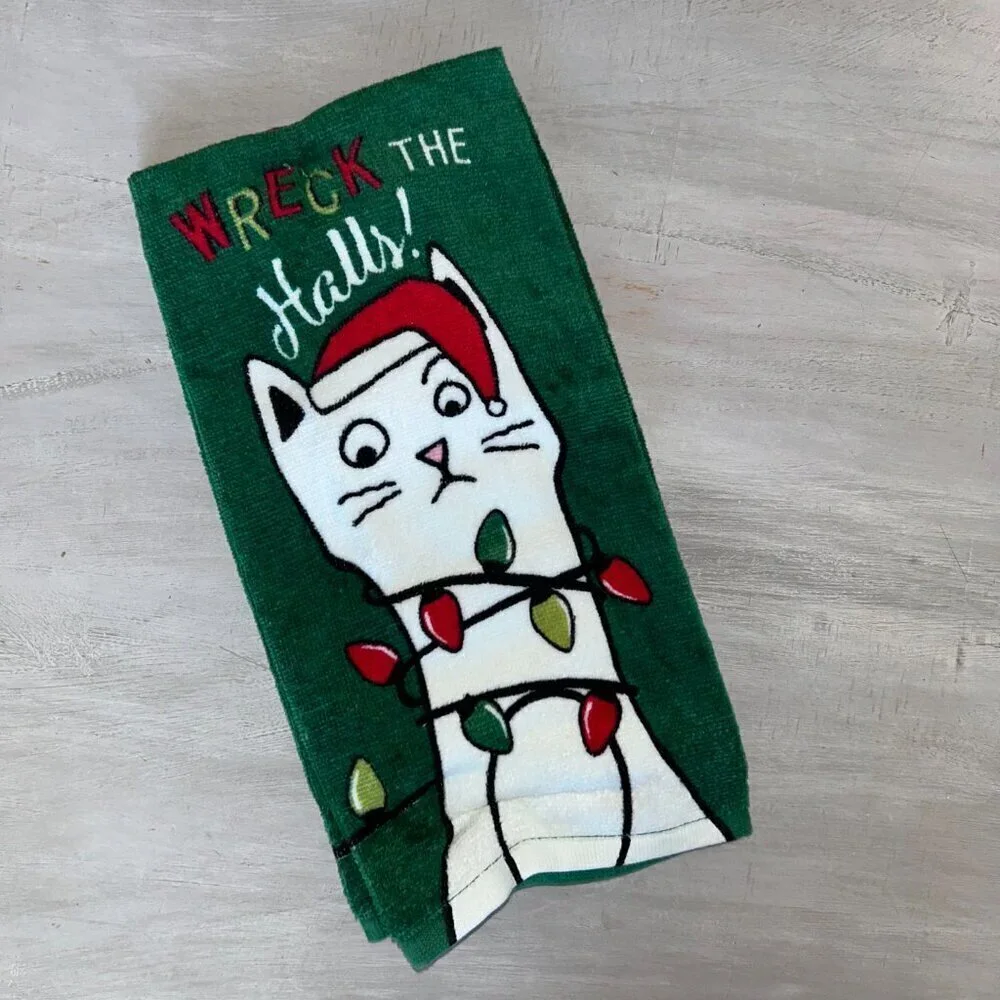NEW RITZ Christmas Cat Wreck The Halls Kitchen Towel Bath Hand Towel Set of 2